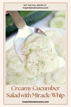 a spoon full of creamy cucumber salad with mirage whip