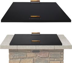 two different views of a stone fireplace with gold trimmings on the top and bottom