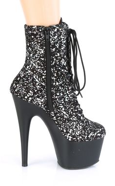 7" (178mm) heel, 2 3/4" (70mm) platform lace-up ankle boot featuring holographic splatter print and inside zip closure HEEL/PLATFORM : 7" Heel, 2 3/4" PF FIT GUIDE : True to sizeVEGAN : Yes SIZE: US women's sizing 7 Inch Heels, Alternative Shoes, Single Sole Heels, Festival Shoes, Dance Heels, Punk Boots, Silver Holographic, Pleaser Shoes, Cosplay Shoes