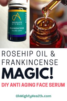 DIY anti aging face serum with frankincense. Text reads: Rosehip oil and frankincense magic! DIY anti aging face serum. Best Oils For Face Anti Aging, Natural Face Serum Diy, Diy Face Oil Recipe, Essential Oil Face Serum Recipe, Frankensence Oil Uses For Face, Diy Face Oil, Diy Face Serum Recipe, Face Oil Recipe, Anti Aging Face Cream Diy