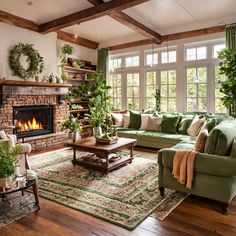 a living room filled with furniture and a fire place in the middle of a room