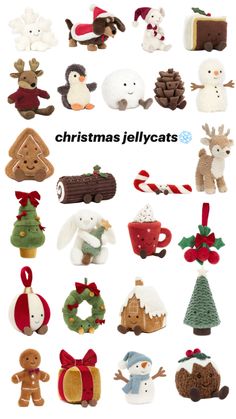 christmas jellycoats are arranged in rows on a white background