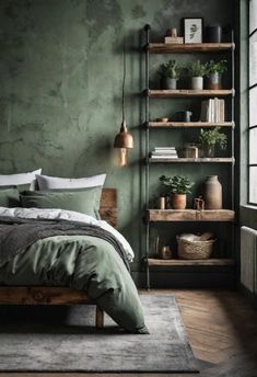 a bedroom with green walls and wooden shelves