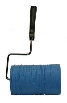 a blue toilet roll holder with a black handle on the side and a white wall behind it