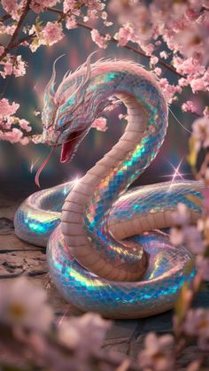 a blue and white snake with its mouth open in front of some pink blossoming trees