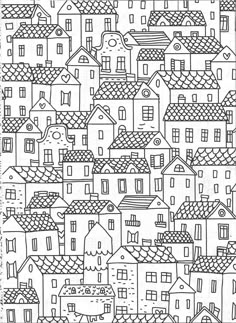 a black and white drawing of houses with rooftops on each side, in the middle of