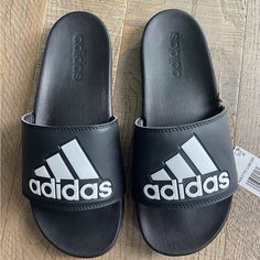 New With Tags Black Adidas Logo Slides, Black Adidas Slides With Logo, Adidas Black Slides With Logo, Adidas Casual Slides For Streetwear, Adidas Casual Low-top Slides, Casual Adidas Low-top Slides, Adidas Black Slides For Sports, Casual Adidas Logo Slides For Streetwear, Casual Adidas Slides With Logo