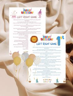 a birthday party game with balloons and a lion on the front page, next to it's contents