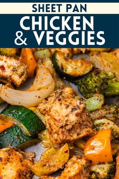 sheet pan chicken and veggies with text overlay