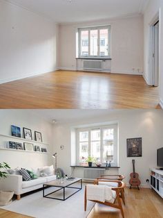 two pictures of a living room with wood floors and white walls, one is empty