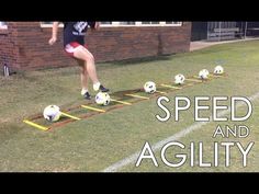 a man is kicking soccer balls on a track in front of a brick building with the words speed and agility written across it