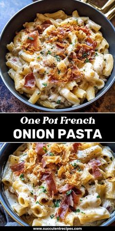 one pot french onion pasta with bacon and parmesan cheese