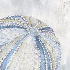 an abstract painting of a blue and white ball with bubbles on it's surface