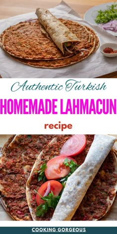 homemade lambacino recipe with text overlay that reads authentic turkish homemade lambacini recipe