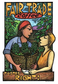 an advertisement for fair trade coffee featuring two people talking to each other, with the words taste right in front of them