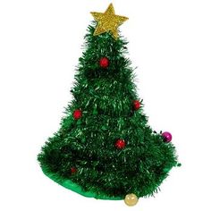 a green christmas tree with gold stars on top