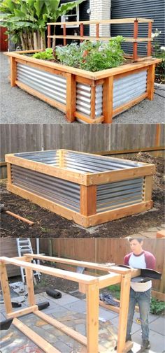 an outdoor planter made out of metal pipes and wooden slats with plants growing in it