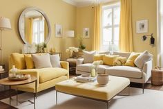 a living room with yellow and white furniture