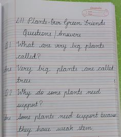 an open notebook with writing on it that says plants - but organ friends question answers what are any very big plants called?