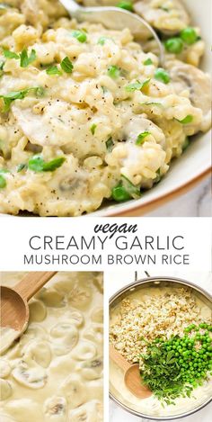 creamy garlic mushroom brown rice in a pan with spoons