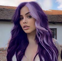 Colourful Dyed Hair, Hairstyles With Purple, Purple With Blonde Money Piece, Lavender And Purple Hair, Dark And Light Purple Hair, Purple Hair With Blonde Money Piece, Gothic Hair Color Ideas, Color Panels In Hair, Dimensional Purple Hair