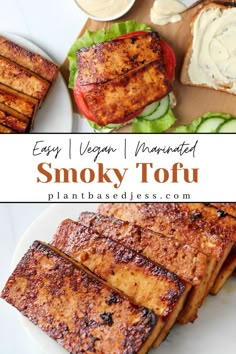 The top picture shows an overhead view on an opened sandwich made with smoky tofu. The bottom picture shows a close up on a few slices of smoky tofu. Marinated Tofu Recipes, Smoked Tofu Recipe, Tofu Meals, Tofu Bacon, Vegan Blt Sandwich, Tofu Recipes Healthy, Smoked Tofu, Tofu Marinade