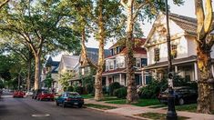 several cars parked on the street in front of row houses with trees lining both sides