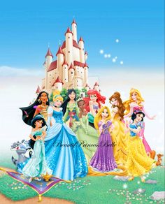 disney princesses are standing in front of a castle with their names written on it