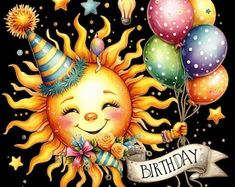 happy birthday sun with balloons and stars