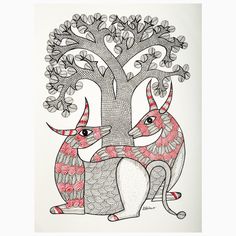 two rabbits sitting under a tree with hearts on it's backs, in red and white