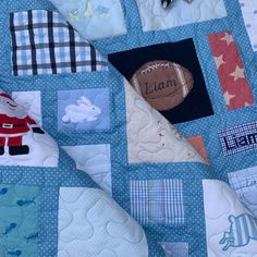 a quilted blanket with various items on it, including a football and other things