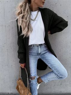 Rok Midi, Casual Cardigan Sweater, Sandal Tali, Áo Len Cardigan, Mode Casual, Trendy Fall Outfits, Cardigan Outfits, Outfit Inspiration Fall