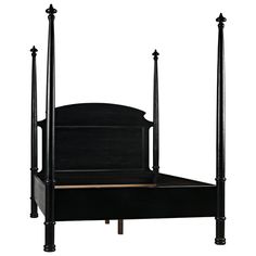 a black bed with four posts and no headboard or foot board is shown in front of a white background