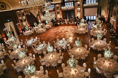 an overhead view of a banquet hall with tables and chairs set up for formal function