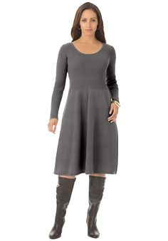 This scoopneck sweater dress makes for an effortless outfit with flawless results! in a fit-and-flare silhouette for an elegant and timeless fit 42" lengthribbed sleeves for added style cotton machine wash; imported  | Plus Size Women's Cotton Ribbed Sweater Dress by Jessica London in Heather Charcoal Grey (Size 22/24) Elegant Gray Sweater Dress For Fall, Ribbed A-line Midi Dress For Fall, Elegant Gray Ribbed Dress, Cable Sweater Dress, Plus Size Sweater Dress, Wrap Sweater Dress, Effortless Outfit, Ribbed Sweater Dress, Ballet Dress