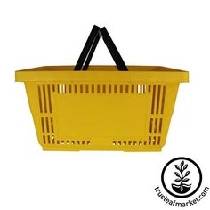 a yellow shopping basket with black handles