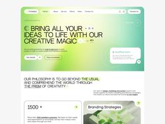 an image of a website page with green and white colors, including the words'bring all your ideas to life with our creative magic '