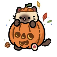 a cat sitting on top of a pumpkin with leaves around it's head and eyes