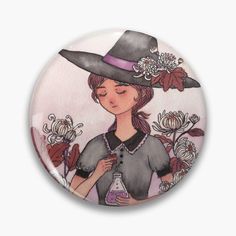 a button with a woman wearing a hat and holding a flask in her hand