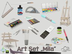 an assortment of art and craft supplies displayed on a white background with the words art set mila below it