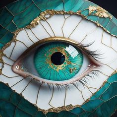 an eye is shown with gold and green accents