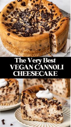 the very best vegan cannoli cheesecake with chocolate chips and whipped cream