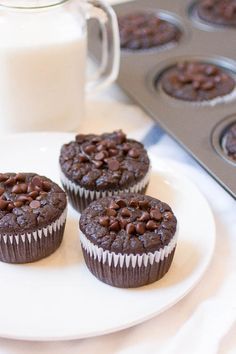 three chocolate muffins on a plate next to a glass of milk