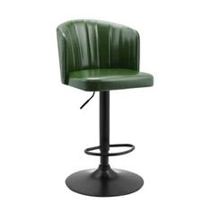 a green leatherette bar stool with black metal base and foot ring on an isolated white background