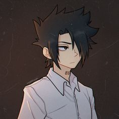 an anime character with black hair standing in front of a dark background wearing a white shirt