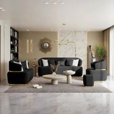 a modern living room with black and white furniture, gold accents and marble flooring