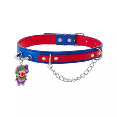 a red and blue leather choker with a clown charm on the end of it