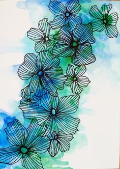 a painting with blue and green flowers on it