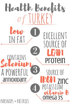 the health benefits of turkey info sheet is shown in orange and gray, with text overlay