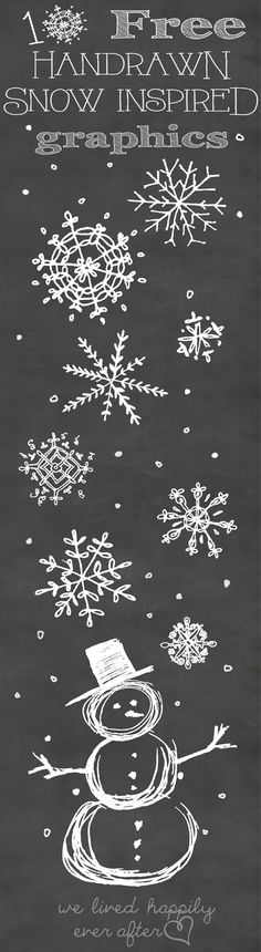 a chalkboard drawing of snowflakes on a blackboard with the words hand drawn snow inspired graphics